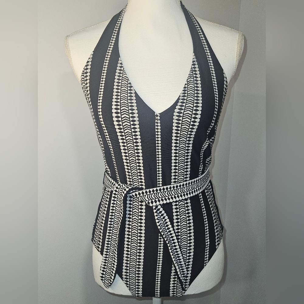 Lemlem Women's Black & White Luchia Deep V Belted One Piece Swimsuit Size Large